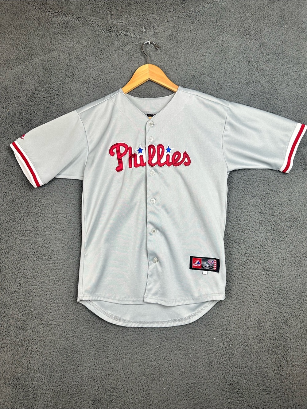 Majestic Philadelphia Phillies Roy Halladay 34 Jersey Kids Large Grey Baseball